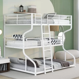 Kumix Triple Bunk Bed, Full XL over Twin XL over Queen Size Triple Bed with Long and Short Ladder and Safety Guardrail with Kids, Teens, 3 in 1 Metal Bunk Bed for Bedroom, Noise Free, White