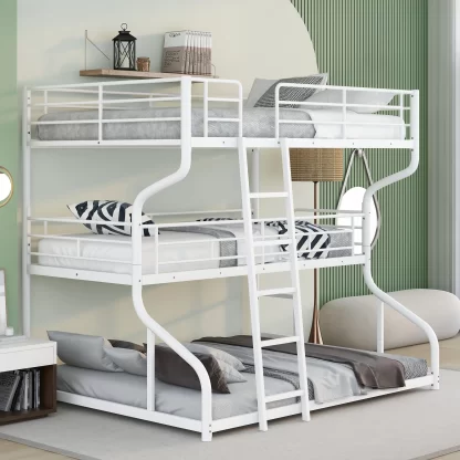 Kumix Triple Bunk Bed, Full XL over Twin XL over Queen Size Triple Bed with Long and Short Ladder and Safety Guardrail with Kids, Teens, 3 in 1 Metal Bunk Bed for Bedroom, Noise Free, White