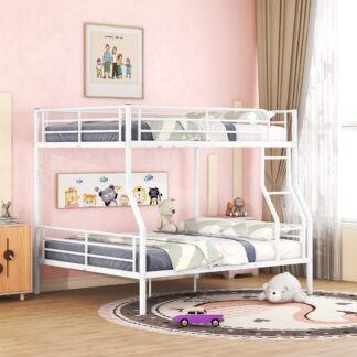 Kumix Full XL over Queen Bunk Bed, Metal Bunk Bed with Full Length Guardrail and Ladder for Kids Teens Adults, Able to Split, Heavy Duty Bunk Bed for 3, Noise-Free, No Box Spring Needed, White