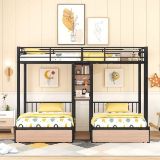 Kumix Triple Bunk Bed, Full over Twin and Twin Bunk Bed with Desk, 2 Drawers and Shelves for Kids Teens, Metal Bunk Bed Can Separated into 3 Beds for Bedroom, Noise Free, Noise-Free, Black