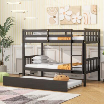 Kumix Twin over Twin Bunk Bed with Trundle, Wood Bunk Bed with Ladder and Safety Guardrails for Kids Teens Adults, Convertible into Twin Size Beds, 3 in 1 Bunk Bed, Noise-Free, Espresso
