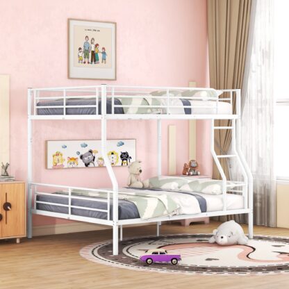 Kumix Full XL over Queen Bunk Bed, Metal Bunk Bed with Full Length Guardrail and Ladder for Kids Teens Adults, Able to Split, Heavy Duty Bunk Bed for 3, Noise-Free, No Box Spring Needed, White