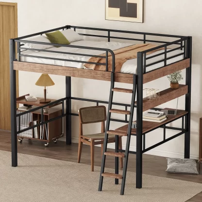 Kumix Loft Bed Full Size, Metal Loft Bed with Desk and Shelf for Kids Teens Adults, Space-Saving Loft Bed with Full-Length Guardrail and Ladder for Bedroom, Noise-Free, No Box Spring Needed, Black