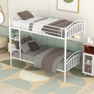 Kumix Metal Bunk Bed, Twin over Twin Bunk Bed for Kids, Teens, Adults, Heavy Duty Bunk Bed with Safety Guardrail and Build-in Ladder, Twin Bunk Bed Can Divided into 2 Beds, White