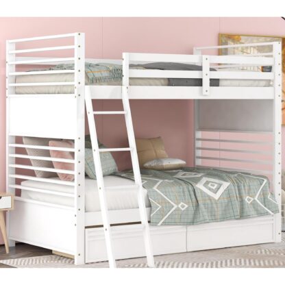 Kumix Bunk Bed with Drawers, Twin over Twin Bunk Bed for Kids Teens with Full Length Guardrail and Ladder, Wood Bnuk Bed Frame Able to Split, 2 in 1 Bunk Bed, Noise-Free, Easy Assembly, White