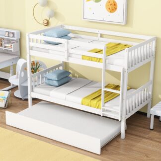 Kumix Twin over Twin Bunk Bed with Trundle, Wood Bunk Bed with Ladder and Safety Guardrails for Kids Teens Adults, Convertible into Twin Size Beds, 3 in 1 Bunk Bed, Noise-Free, White
