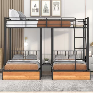 Kumix Triple Bunk Bed, Full over Twin over Twin Bunk Bed with Drawers, Build-in Ladder and Safety Guardrails for Kids/Teens, Metal Bunk Bed Can Convertible into 3 Beds, 3 Beds in 1, Black
