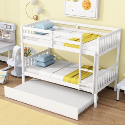 Kumix Twin over Twin Bunk Bed with Trundle, Wood Bunk Bed with Ladder and Safety Guardrails for Kids Teens Adults, Convertible into Twin Size Beds, 3 in 1 Bunk Bed, Noise-Free, White