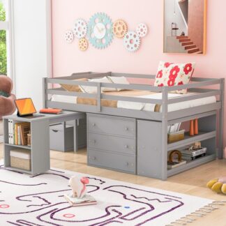 Kumix Loft Bed Full Size, Wood Loft Bed with Desk and 3 Drawers for Kids Teens Adults, Loft Bed Frame with Storage Stairs and Shelves for Bedroom, Space-Saving, Noise-Free, Easy Assembly, Gray