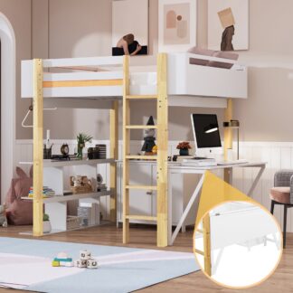 Kumix Loft Bed Full Size, Wood Loft Bed with Built-in Storage Cabinet and Shelves, Foldable Desk for Kids Teens Adults, Heavy Duty Loft Bed with Safety Guardrail and Ladder for Bedroom, White