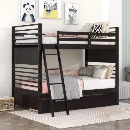 Kumix Bunk Bed with Drawers, Twin over Twin Bunk Bed for Kids Teens with Full Length Guardrail and Ladder, Wood Bnuk Bed Frame Able to Split, 2 in 1 Bunk Bed, Noise-Free, Easy Assembly, Espresso
