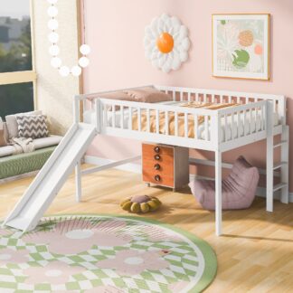 Kumix Loft Bed Full Size with Slide for Kids, Wood Loft Bed with Full Length Guardrail and Build-in Ladder for Boys/Girls, Noise-Free Loft Bed for Bedroom, Dorm, No Box Spring Needed, White