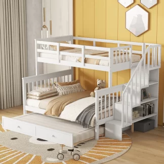 Kumix Bunk Bed with Trundle, Twin over Full Bunk Bed with Storage Stairway and Full Length Guardrail for Kids Teens Adults, Wood Bunk Bed Able to Split, Bunk Beds for 3, Noise-Free, White