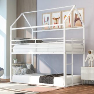 Kumix Metal Bunk Bed Twin over Twin, House Bed for Kids Teens with Built-in Ladder and Safety Guardrail, Low Bunk Bed for Bedroom, Dom, 2 in 1 Bunk Bed, No Box Spring Needed, Noise-Free, White