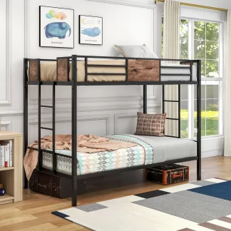 Kumix Bunk Bed Twin over Twin, Metal Bunk Bed for Kids Teens with Full-Length Guardrail and 2 Side Ladders, Space-Saving Bunk Bed for Bedroom, Dom, Noise-Free, Easy Assembly, Black