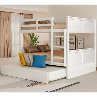 Kumix Bunk Bed with Trundle, Full over Full Bunk Bed for Kids Teens Adults with Full Length Guardrail and Ladder, Wood Bunk Bed Able to Split, Easy Assembly, 2 Bunk Bed in 1, Noise-Free, White