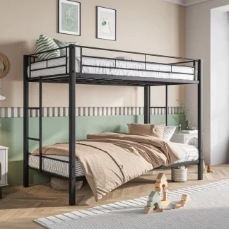 Kumix Bunk Bed Twin over Twin, Metal Bunk Bed for Kids Teens with Full-Length Guardrail and 2 Side Ladders, Heavy Duty Twin Bunk Beds with Slatted Support for Bedroom, No Box Spring Needed, Black