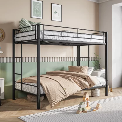 Kumix Bunk Bed Twin over Twin, Metal Bunk Bed for Kids Teens with Full-Length Guardrail and 2 Side Ladders, Heavy Duty Twin Bunk Beds with Slatted Support for Bedroom, No Box Spring Needed, Black