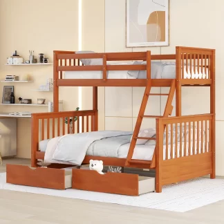 Kumix Bunk Bed with Drawers, Twin over Full Bunk Bed with Full Length Guardrail and Build-in Ladder for Kids Teens Adults, Wood Bunk Bed Able to Split, 2 in 1 Bunk Beds, Noise-Free, Walnut