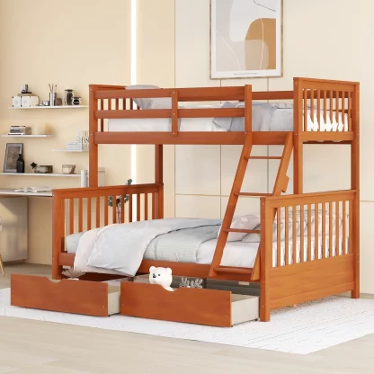 Kumix Bunk Bed with Drawers, Twin over Full Bunk Bed with Full Length Guardrail and Build-in Ladder for Kids Teens Adults, Wood Bunk Bed Able to Split, 2 in 1 Bunk Beds, Noise-Free, Walnut