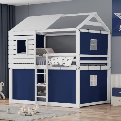 Kumix Full over Full Bunk Bed, House Bed with Windows, Full Length Guardrail, Ladder and Tent for Kids Teens Boys/Girls, Wood Bunk Bed Frame for Bedroom, Dorm, No Box Spring Needed, Blue+White