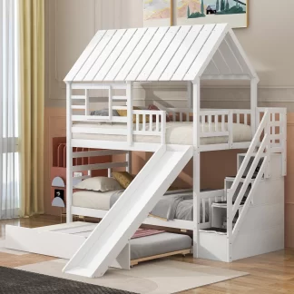 Kumix House Bunk Bed with Slide, Twin over Twin Bunk Bed for Kids Teens with Trundle, Staircase, Full Length Guardrail, Wood Bunk Bed Frame for Bedroom, Noise-Free, No Box Spring Needed, White