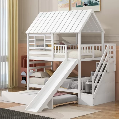 Kumix House Bunk Bed with Slide, Twin over Twin Bunk Bed for Kids Teens with Trundle, Staircase, Full Length Guardrail, Wood Bunk Bed Frame for Bedroom, Noise-Free, No Box Spring Needed, White
