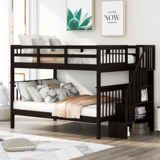 Kumix Full over Full Bunk Bed, Wood Bunk Bed with Storage Staircase, Full Length Guardrail for Kids Teens Adults, Heavy Duty Bunk Bed Frame Able to Split, 2 in 1 Bunk Bed, Noise-Free, Espresso