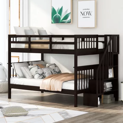 Kumix Full over Full Bunk Bed, Wood Bunk Bed with Storage Staircase, Full Length Guardrail for Kids Teens Adults, Heavy Duty Bunk Bed Frame Able to Split, 2 in 1 Bunk Bed, Noise-Free, Espresso