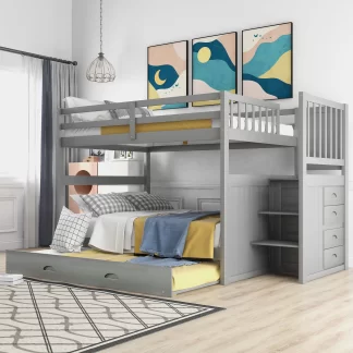 Kumix Bunk Bed with Trundle, Full over Full Bunk Bed with Drawers, Full Length Guardrail and Storage Staircase for Kids Teens Adults, Wood Bunk Bed Able to Split, Twin Size Trundle, Noise-Free, Gray
