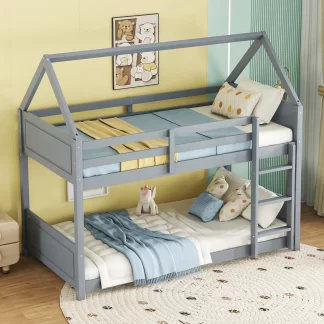 Kumix Twin over Twin Bunk Bed, House Bunk Bed with Full Length Guardrail and Build-in Ladder, Wood Floor Bed for Kids Teens Boys/Girls with Roof, 2 in 1 Bunk Beds, Noise-Free, Gray