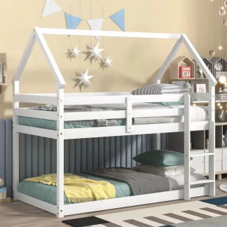 Kumix Twin over Twin Bunk Bed, House Bunk Bed with Roof Design, Safety Guardrail, Build-in Ladder for Kids Teens Adults, Wood Bunk Bed for Bedroom, Dorm, Noise-Free, Easy Assembly, White