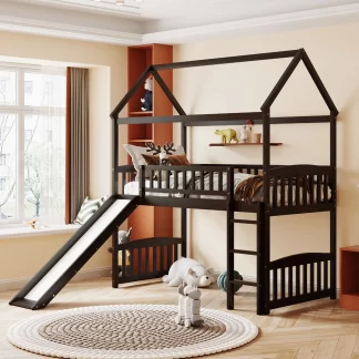 Kumix Twin Loft Bed with Slide, House Bed for Kids Teens Boys/Girls with Full Length Guardrail and Build-in Ladder, Wood Loft Bed Frame for Bedroom, Space-Saving, No Box Spring Needed, Espresso