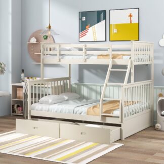 Kumix Bunk Bed with Drawers, Twin over Full Bunk Bed for Kids Teens with Full Length Guardrail and Ladder, Wood Bunk Bed Frame Able to Split, Noise-Free, No Box Spring Needed, Cream