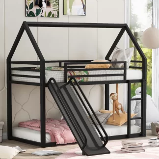 Kumix Bunk Bed with Slide, Twin over Twin House Bunk Bed for Kids Teens Boys and Girls with Build-in Ladder and Full Length Guardrail, Metal Bunk Bed Frame for Bedroom, Dom, Noise-Free, Black