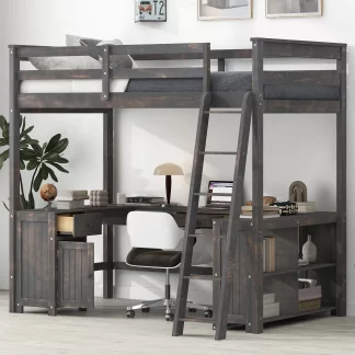 Kumix Loft Bed Full Size with Desk, Wood Loft Bed with Drawer, Cabinet and Storage Shelves for Kids Teens Adults, Heavy Duty Loft Bed with Safety Guardrail and Inclined Ladder, Noise-Free, Brown