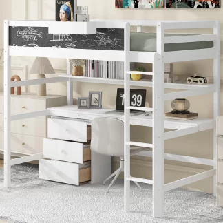 Kumix Loft Bed Twin Size with Desk, Wood Loft Bed with Blackboard, Storage Box, Shelf and 3 Drawers for Kids Teens Adults, Heavy Duty Loft Bed for Bedroom, Noise-Free, Space-Saving, White