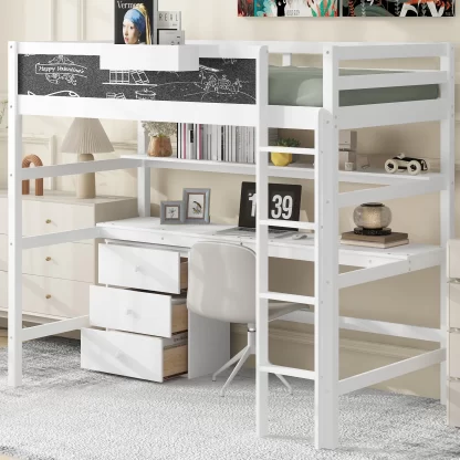 Kumix Loft Bed Twin Size with Desk, Wood Loft Bed with Blackboard, Storage Box, Shelf and 3 Drawers for Kids Teens Adults, Heavy Duty Loft Bed for Bedroom, Noise-Free, Space-Saving, White