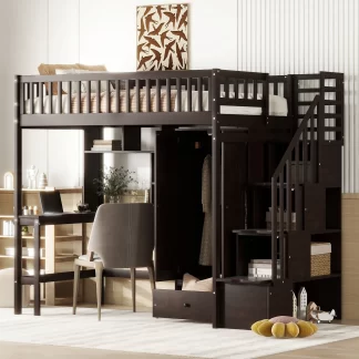 Kumix Loft Bed Twin Size with Desk, Wood Loft Bed with Bookshelf, Drawers, Storage Staircase Full Length Guardrail and Wardrobe, Heavy Duty Loft Bed for Kids Teens Adults, Space-Saving, Espresso