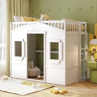Kumix Loft Bed Twin Size, House Bed with Roof, Two Windows, Full Length Guardrail and Inclined Ladder for Kids Teens Boys/Girls, Wood Loft Bed for Bedroom, Dorm, Noise-Free, Space-Saving, White