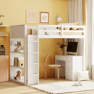 Kumix Loft Bed Twin Size, Wood Loft Bed with Desk, 3 Shelves, 4 Drawers Full Length Guardrail and Ladder for Kids Teens Adults, Space-Saving Loft Bed Frame for Bedroom, Noise-Free, White
