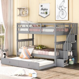 Kumix Bunk Bed with Trundle, Twin over Twin Bunk Bed with Staircase and Full Length Guardrail for Kids Teens Adults, Wood Bunk Bed Frame Able to Split, Noise-Free, Gray