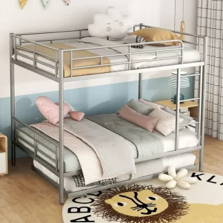 Kumix Bunk Bed with Trundle, Full over Full Bunk Bed with Full Length Guardrail and Ladder for Kids Teens, Metal Bunk Bed Can Convertible into 2 Beds, 2 in 1 Bunk Bed, Noise-Free, Silver