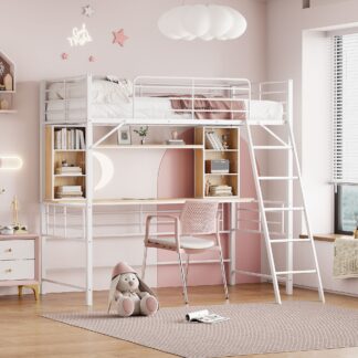 Kumix Loft Bed Twin Size, Metal Loft Bed with Desk and Shelves for Kids, Teens, Adults, Heavy-Duty Loft Bed with Full Length Guardrail and Ladder for Bedroom, Space-Saving, Noise-Free, White