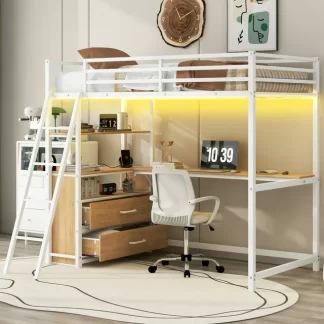 Kumix Loft Bed with Desk and Shelves, Twin Size Loft Bed with Drawers, LED Light and USB Charging Station for Kids Teens, Metal Loft Bed with Safety Guardrail and Ladder, Space-Saving, White
