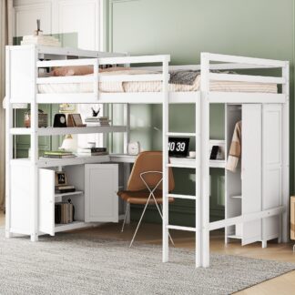 Kumix Loft Bed Full Size, Wood Loft Bed with Cabinet and Bookshelf, Wardrobe and Desk for Kids Teens Adults, Heavy Duty Loft Bed with Guardrail and Ladder for Bedroom, Noise-Free, White