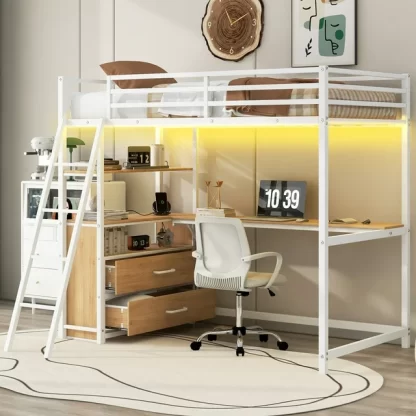 Kumix Loft Bed with Desk and Shelves, Twin Size Loft Bed with Drawers, LED Light and USB Charging Station for Kids Teens, Metal Loft Bed with Safety Guardrail and Ladder, Space-Saving, White