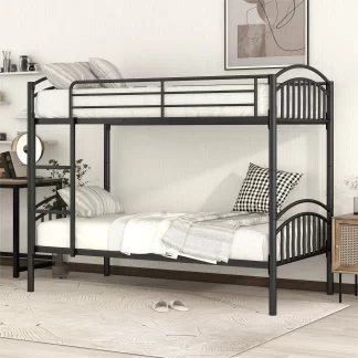 Kumix Metal Bunk Bed, Twin over Twin Bunk Bed for Kids, Teens, Adults, Heavy Duty Bunk Bed with Safety Guardrail and Build-in Ladder, Twin Bunk Bed Can Divided into 2 Beds, Black