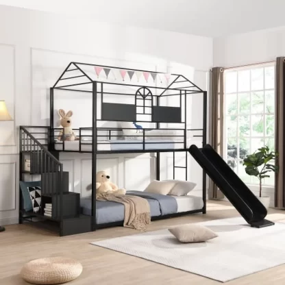Kumix House Bunk Bed with Slide, Twin over Twin Bunk Bed with Storage Staircase, Safety Guardrail for Kids Teens Boys/Girls, Low Bunk Bed for Toddler, Metal Bunk Bed for Bedroom, Noise-Free, Black