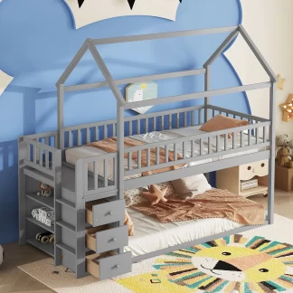 Kumix Twin over Twin Bunk Bed, Wood Bunk Bed with Shelves and Drawers for Kids Teens Adults, Heavy Duty Bunk Bed Frame with Safety Guardrail and Ladder for Bedroom, Noise-Free, Gray